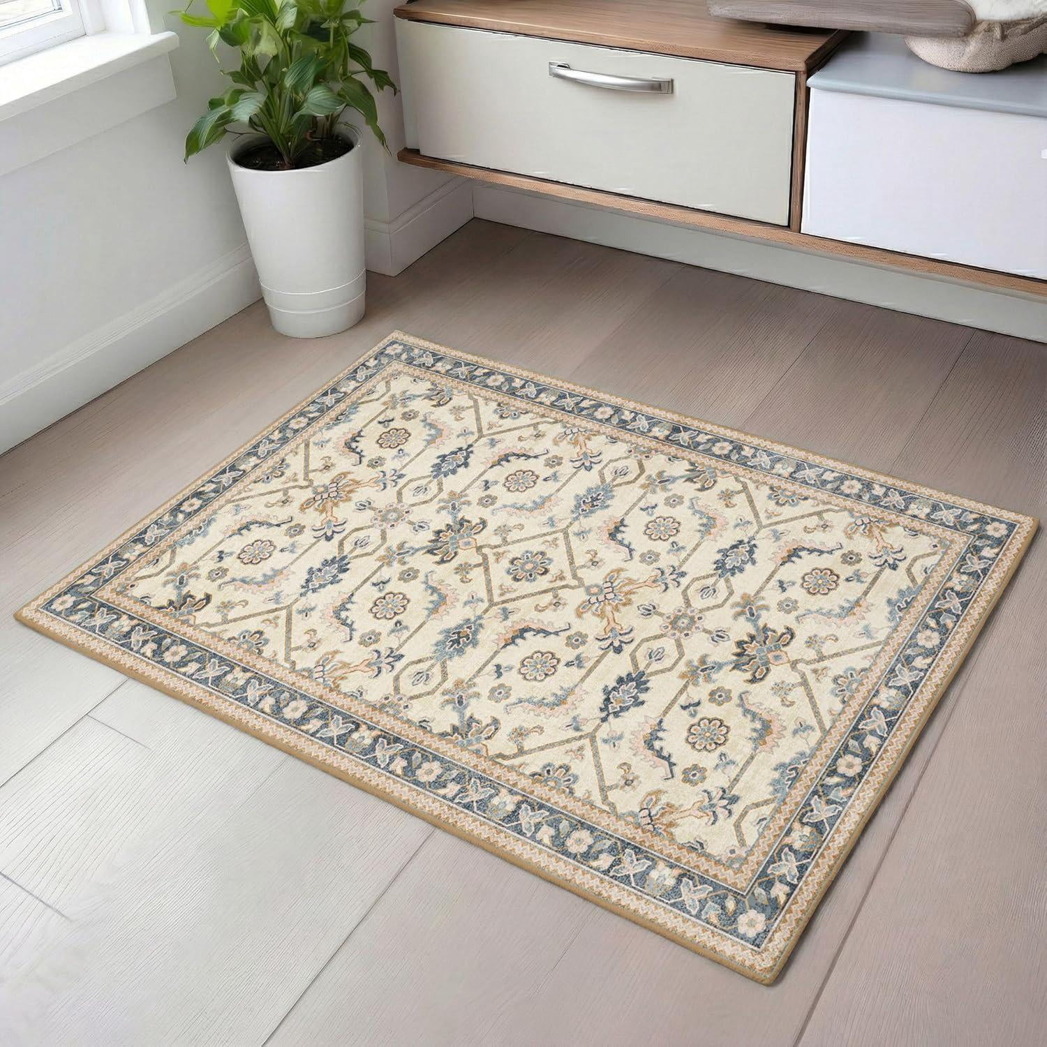 181 Degrees -Traditional Oriental Area Rug, Beige Blue Floral Persian ...