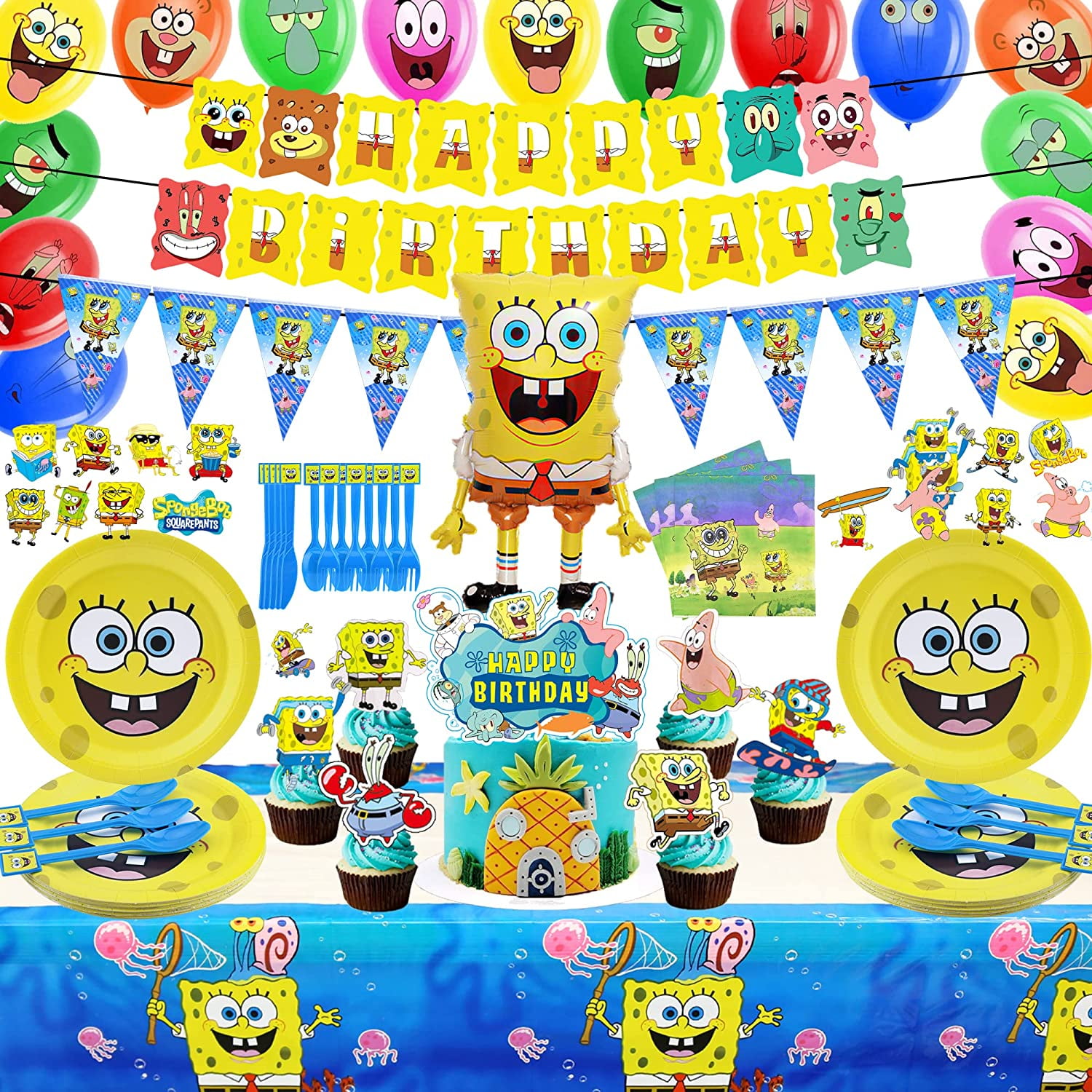 WOLINGYU Spongebob Birthday Party Decorations, Cartoon Spongebob Party Supplies Favors Includes Backdrop, Tablecloth, Cake Topper, Cupcake Toppers