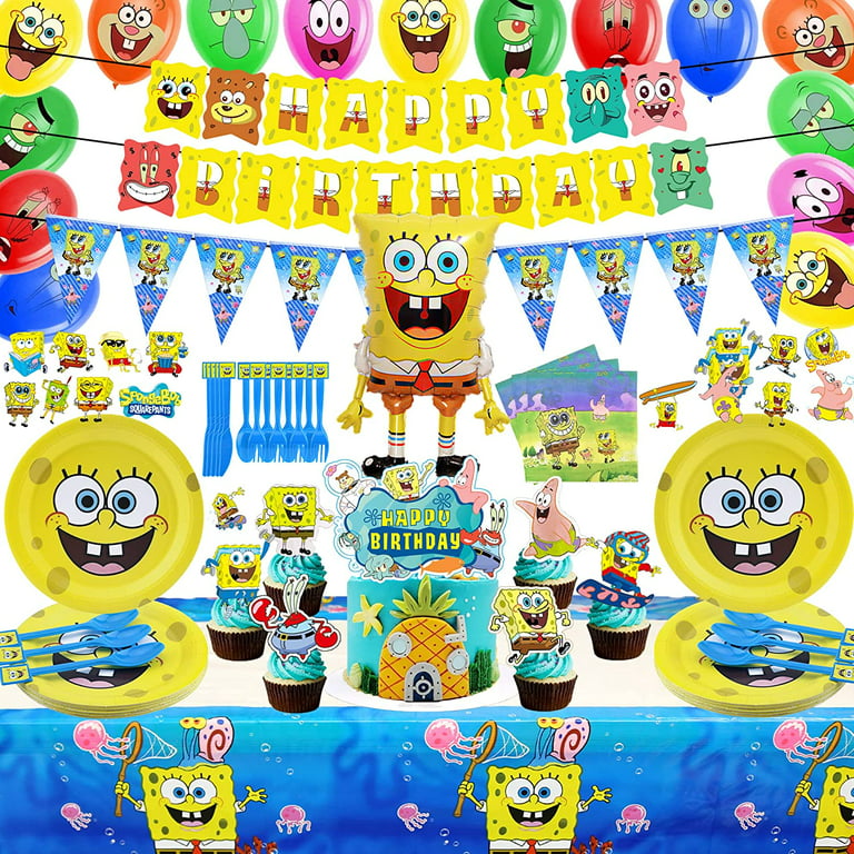 181 Pcs Spongebob Birthday Party Supplies Party Decorations for 16 Guests  Include Banners, Cake Toppers, Tablecover, Napkins, Pennant Banners