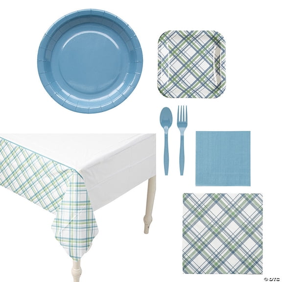 181 Pieces Slate Blue & Plaid Party Disposable Tableware Kit for 24 Guests