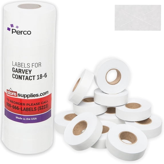 Perco White Price Marking Labels - 14,000 Blank Labels for Garvey 18-6 One Line Price Gun with Ink Roll Included - 11 Rolls, 1 Sleeve - Made in USA