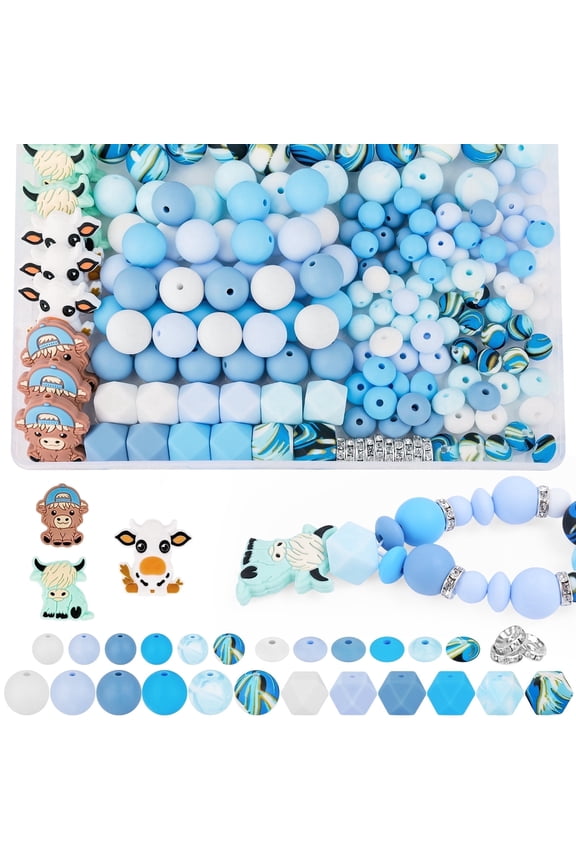 181pcs Highland Cow Silicone Beads, 9mm & 15mm Mixed Colors Focal Bead Cow Rubber Beads, Lentil, Hexagonal, Print Matte/Frosted Bead for Keychain Making, Bracelet Necklace DIY, Craft Pens Accessories