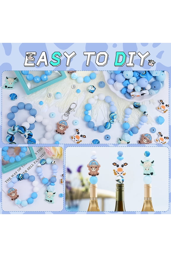 181pcs Highland Cow Silicone Beads, 9mm & 15mm Mixed Colors Focal Bead Cow Rubber Beads, Lentil, Hexagonal, Print Matte/Frosted Bead for Keychain Making, Bracelet Necklace DIY, Craft Pens Accessories