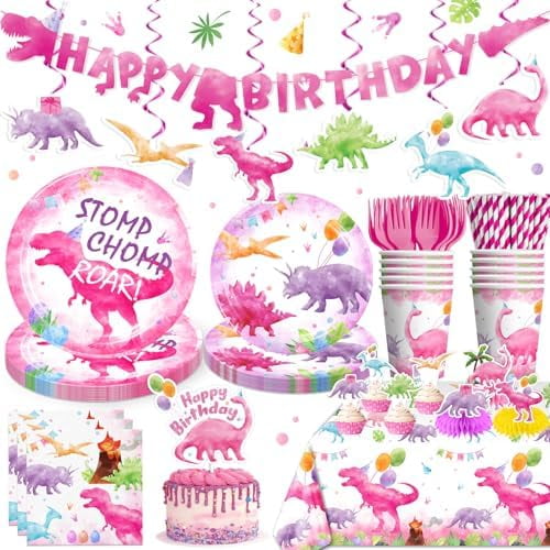 181pcs Pink Dinosaur Birthday Decorations Tableware Set, Watercolor Party Supplies with Banner Plates Cups Tablecloth for Girls Dinosaur Birthday Decorations, Serve 25