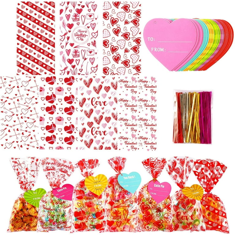 182 Pcs Valentines Gift Bags Valentine Cellophane Bags, 7 Assorted Styles Valentine Treat Bags Valentine Goodies Bags with 35 Pcs Gift Tags & 200