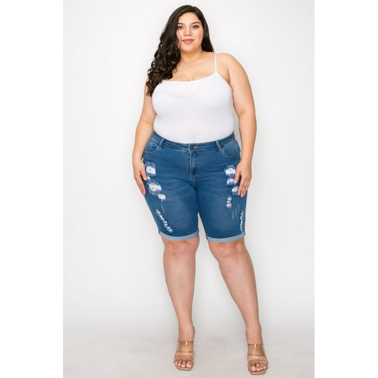 1826 Jeans Women s Plus Size Distressed Rolled Hem Bermuda Denim Shorts Walmart