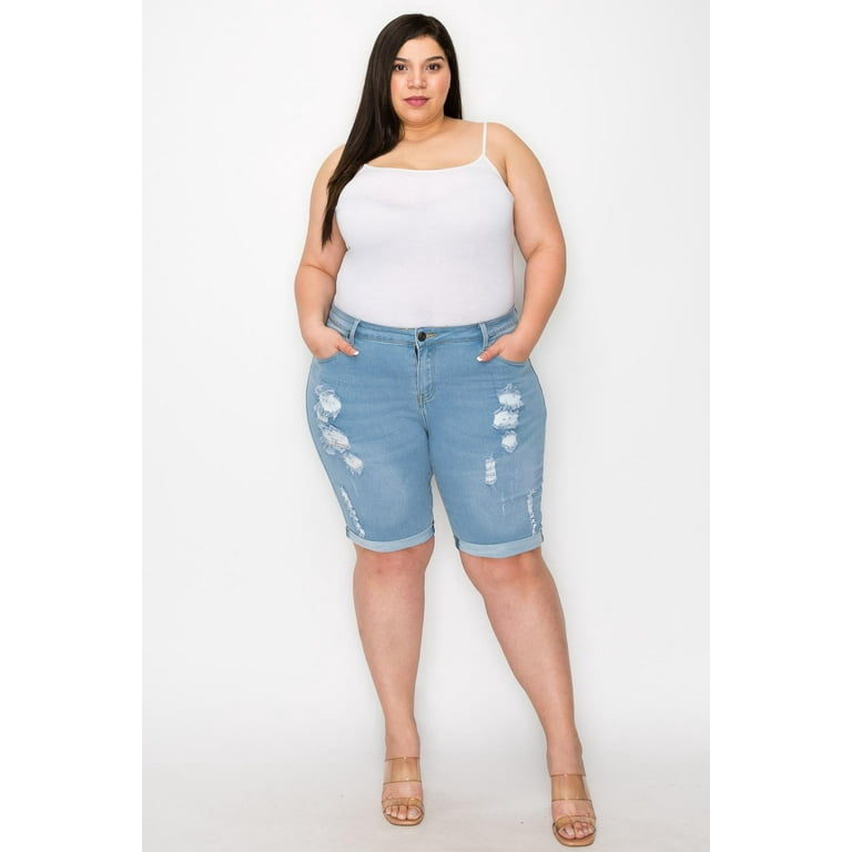 Distressed denim bermuda shorts plus size best sale