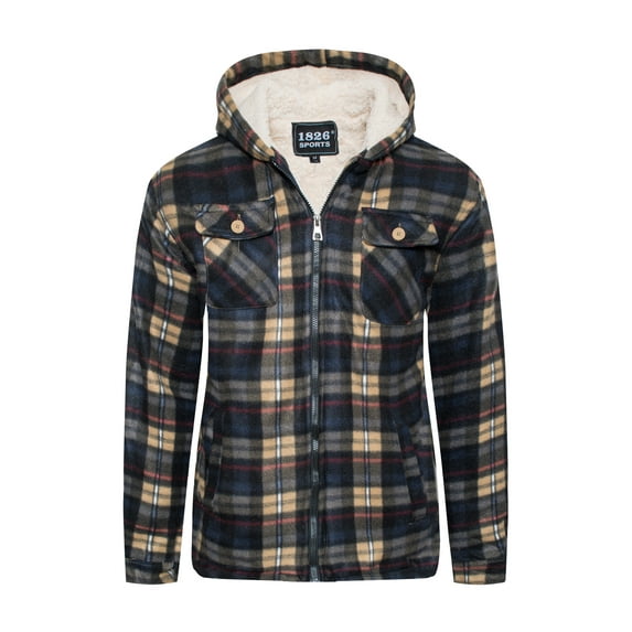 1826 Men's Sherpa-Lined Flannel Hoodie Jacket - Warm Zip-Up Layer for Cold Weather - Classic Fleece Plaid Pattern - Perfect for Hiking, Camping, & Everyday Winter Wear