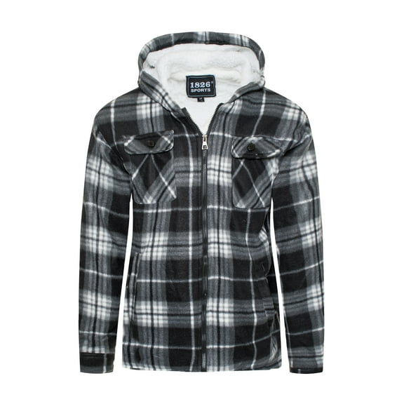 1826 Men's Sherpa-Lined Flannel Hoodie Jacket - Warm Zip-Up Layer for Cold Weather - Classic Fleece Plaid Pattern - Perfect for Hiking, Camping, & Everyday Winter Wear
