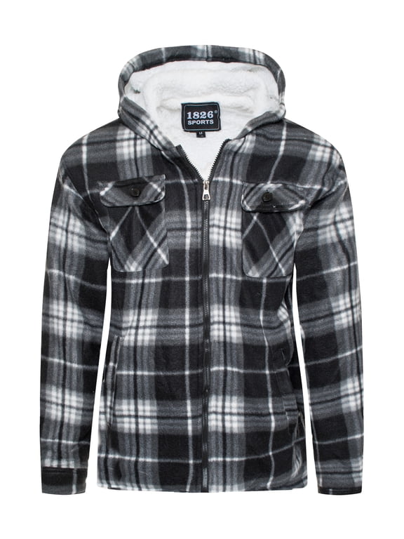 1826 Men's Sherpa-Lined Flannel Hoodie Jacket - Warm Zip-Up Layer for Cold Weather - Classic Fleece Plaid Pattern - Perfect for Hiking, Camping, & Everyday Winter Wear
