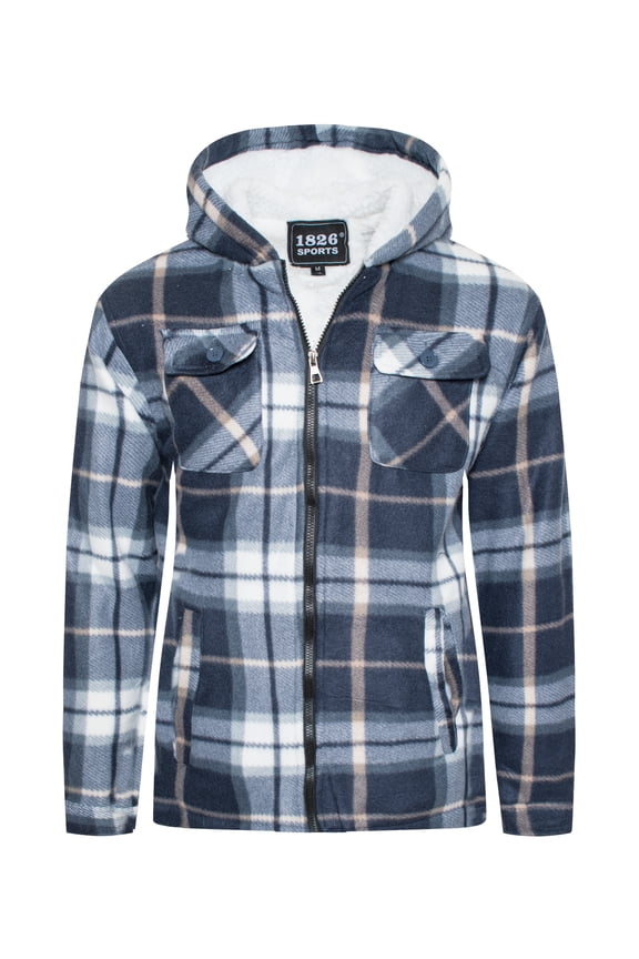 1826 Men's Sherpa-Lined Flannel Hoodie Jacket - Warm Zip-Up Layer for Cold Weather - Classic Fleece Plaid Pattern - Perfect for Hiking, Camping, & Everyday Winter Wear
