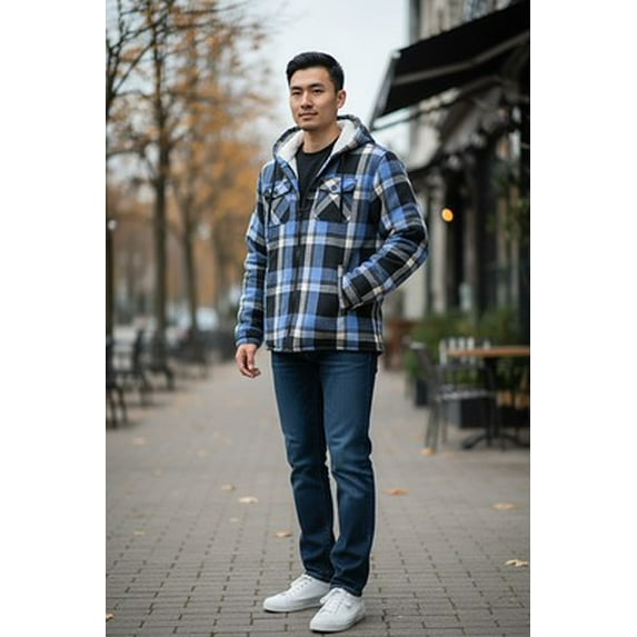 1826 Men's Sherpa-Lined Flannel Shackets With Hood and Zipper- Warm Zip-Up Layer for Cold Weather - Classic Fleece Plaid Pattern - Perfect for Hiking, Camping, & Everyday Winter Wear