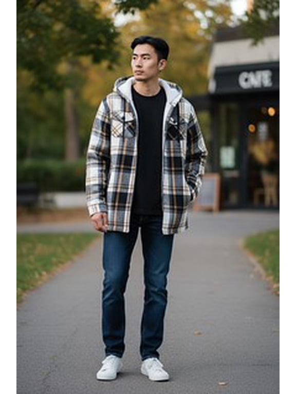 1826 Men's Sherpa-Lined Flannel Shackets With Hood and Zipper- Warm Zip-Up Layer for Cold Weather - Classic Fleece Plaid Pattern - Perfect for Hiking, Camping, & Everyday Winter Wear