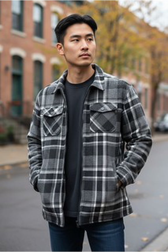 1826 Men's Sherpa-Lined Flannel Shackets- Warm Zip-Up Layer for Cold Weather - Classic Fleece Plaid Pattern - Perfect for Hiking, Camping, & Everyday Winter Wear