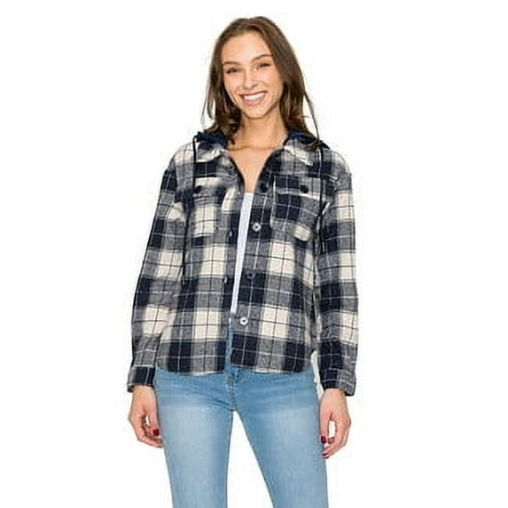 1826 Womens Fall Outfits Fashion Clothes Shackets Flannel Plaid Button Down Long Sleeve Shirts Jackets with Fleece Hood 2025
