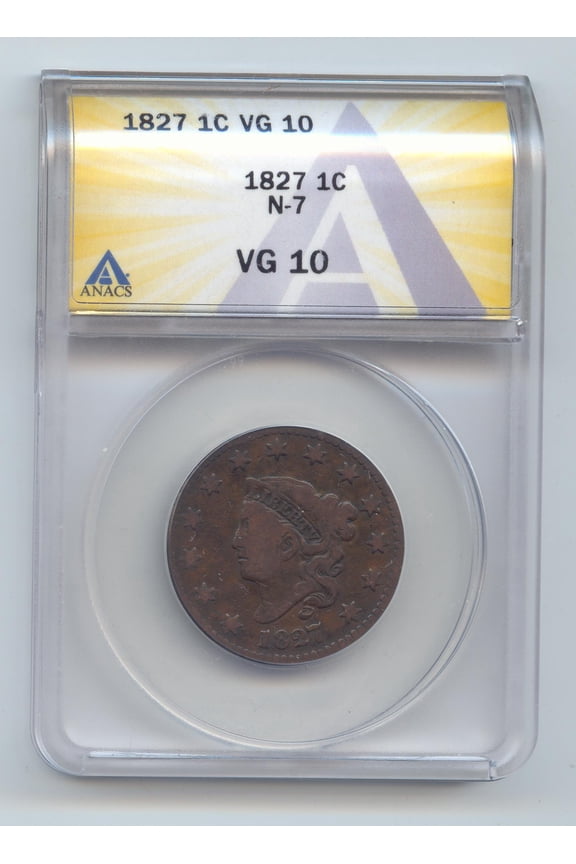 1827 Coronet Head Large Cent, Newcomb-7, ANACS VG-10