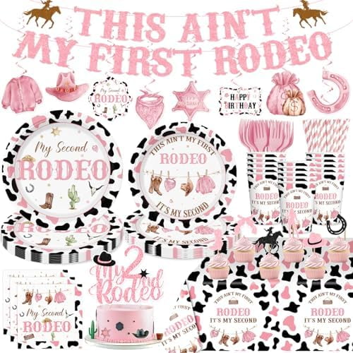 182Pcs 2nd Rodeo Birthday Decorations Girl (Serves 25)  "This Ain't My First Rodeo" Tableware Set, 214  Home Decor, Kitchen, & Other