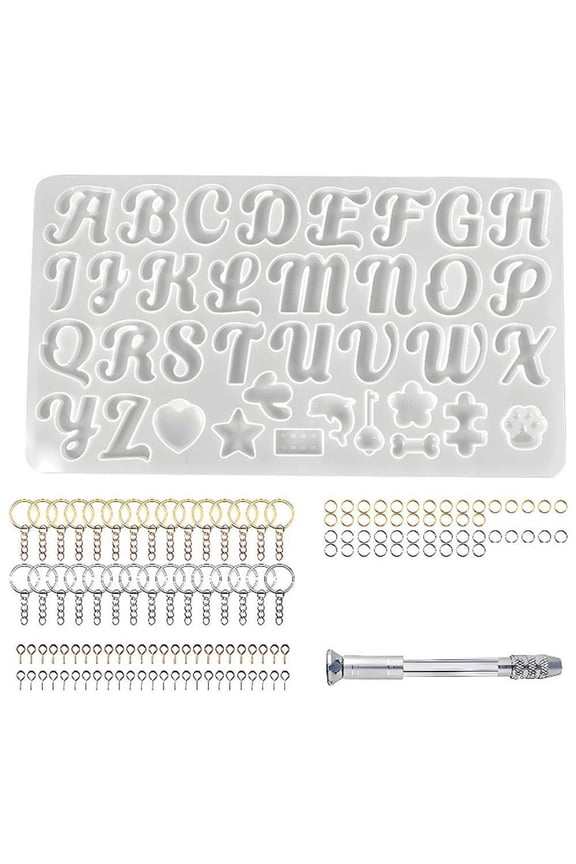 182Pcs Fancy Alphabet Resin Molds Silicone Kit, Reversed Letter Keychain Epoxy Resin Casting Molds, Resin Key Chain Making Set with 1 Hand Drill 2 Drill Bits 30 Key Rings 100 Screw Pins