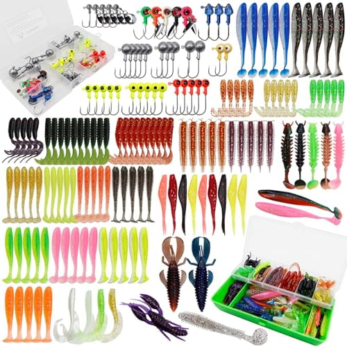 182Pcs Fishing Soft Lures Bait with Jig Head Hooks Set,Jig Head Hooks Swimbait Paddle Tail for Bass Trout Pike Walleye Crappie Saltwater and Freshwater