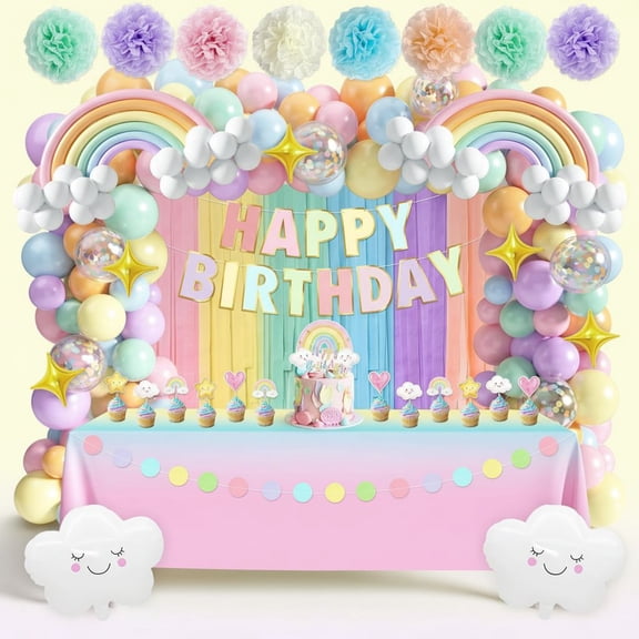 182Pcs Pastel Rainbow Birthday Decorations Rainbow Party Supplies, Include Pastel Balloon Arch Kit with Rainbow Foil Balloons Streamer Backdrop Tablecloth Banner Garland Cake Toppers Paper Pompoms