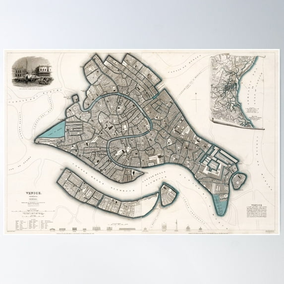 1838 Vintage Map Of Venice, Italy Poster Wall Art, Modern Wall Decor For Living Room Bedroom, 24x36 UNFRAMED