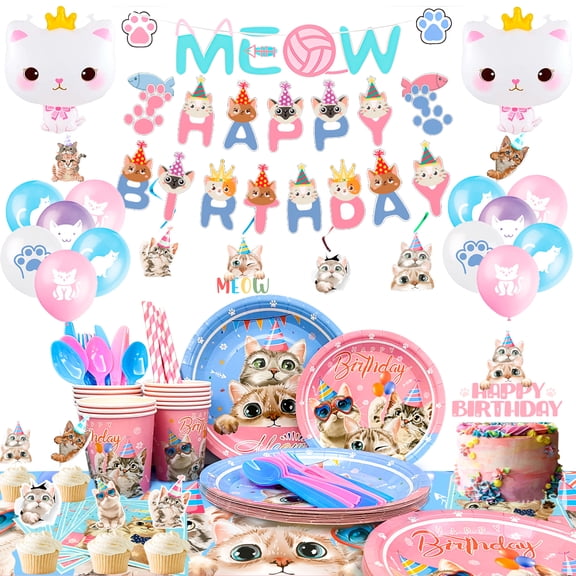 183Pcs Cat Themed Birthday Party Supplies Set, All-in-One Decor Kit with Balloons, Banner, Cake Topper, Plates, Cups and Tablecloth for Cat Birthday Party
