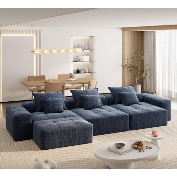184.25" Oversized Modular Sectional Couch, Comfy Sparkling Chenille Deep Seat Sofa with Ottoman, Pillow, Modern DIY Combination Tufted Sofa Couches for Living Room, No Assembly Required, Blue