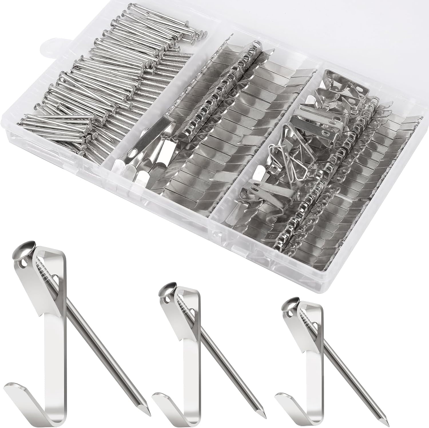 184 Pieces Picture Hanging Kit, 20lb, 30lb, and 50lb Picture Hangers, Metal Picture Hanging H s with Nails, on Drywall, Wooden Wall (Silver)