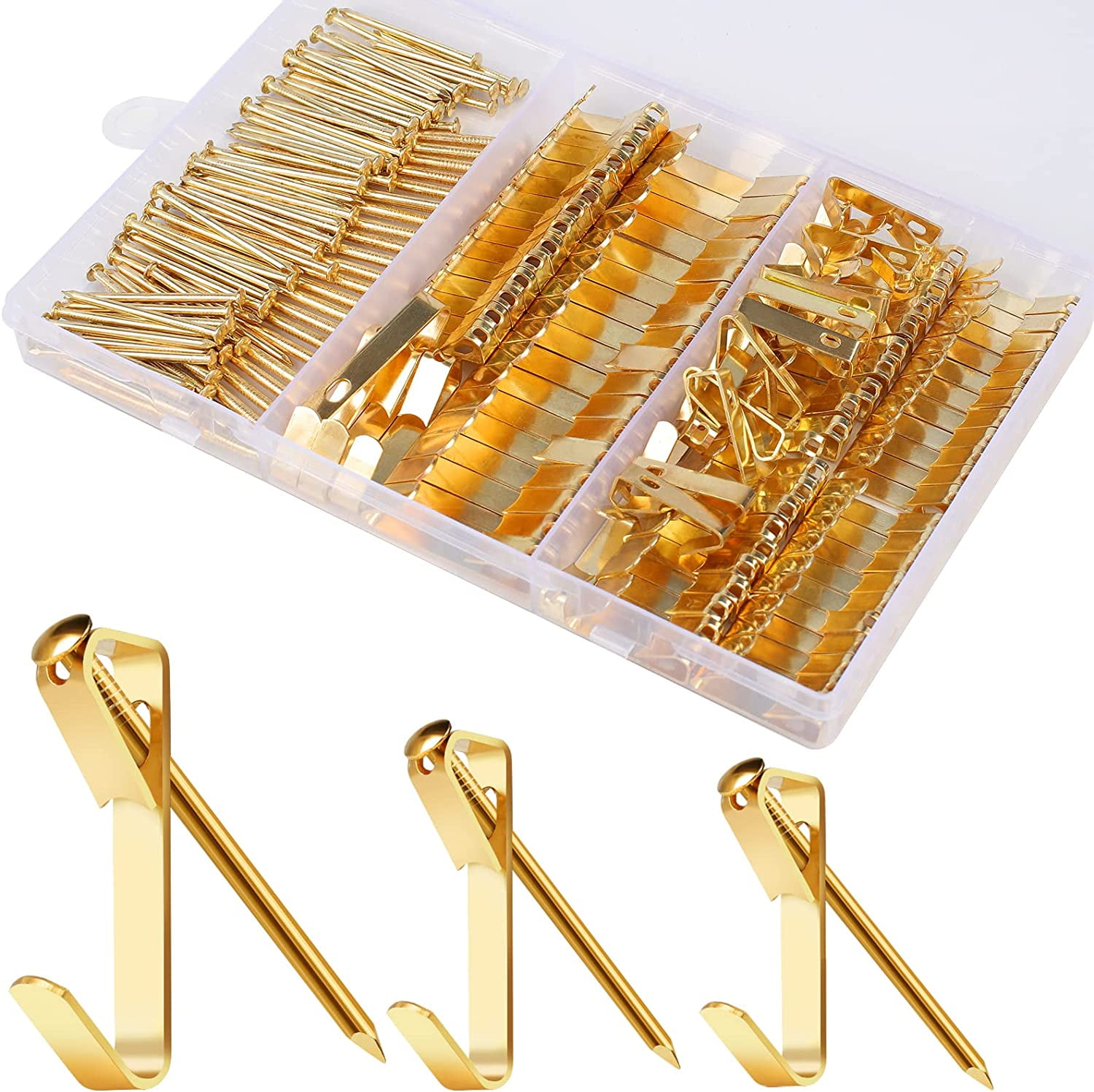 184 Pieces Picture Hanging Kit, 20lb, 30lb, and 50lb Picture Hangers, Metal Picture Hanging Hs with Nails, on Drywall, Wooden Wall(Gold)