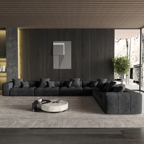 184" V shape Modular Sectional Sofa, Modern Linen Deep Seat Couches for Living Room, Apartment, Office, 4-Seat, Black Couch