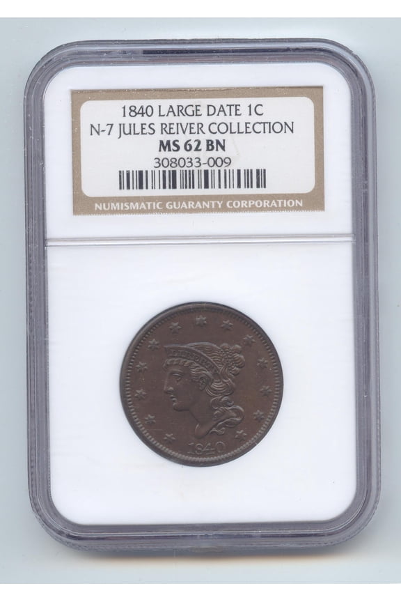 1840 Large Date Braided Hair Large Cent, ex Jules Reiver, N-7, NGC MS-62 BN
