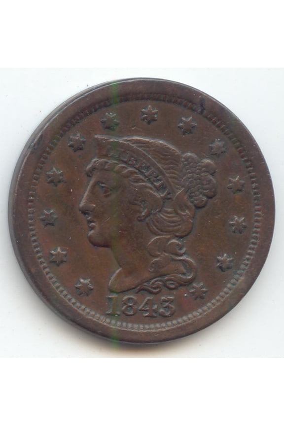 1843 Braided Hair Large Cent, Mature Head, Large Letters, Original VF-XF