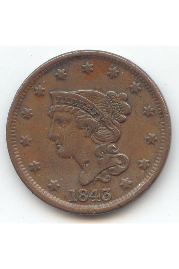 1843 Braided Hair Large Cent, Petite Head, Small Letters, VF-XF Details