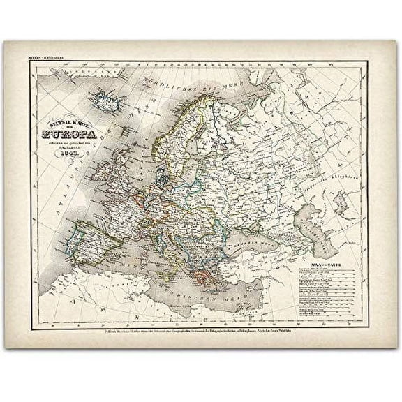 1843 German Map of Europe - 11x14 Unframed Art Print - Great Vintage Home Decor