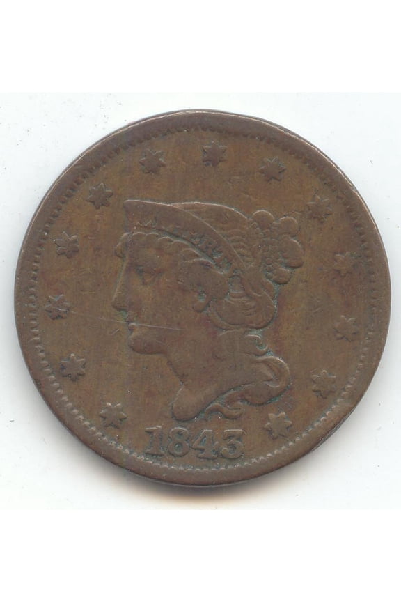 1843 Petite Head Small Letters Braided Hair Large Cent, Fine Details