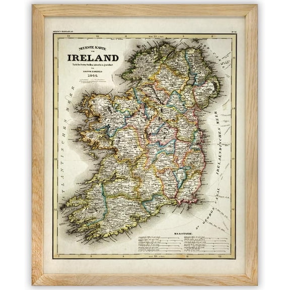 1844 Ireland Map 11x14 Framed Poster, Vintage Antique Cartography, Historical Irish Counties Decorative Wall Art, European Geography Decor, Irish Heritage for Genealogy & History Buffs, Collectors