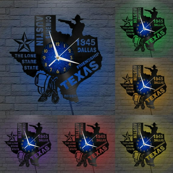 1845 Texas History 12 Inch Vinyl Record Wall Clock - Silent, Creative, and Unique Clock for Living Room, Entryway, or Bedroom Decor - Perfect Gift Idea(12 inchs B with LED)