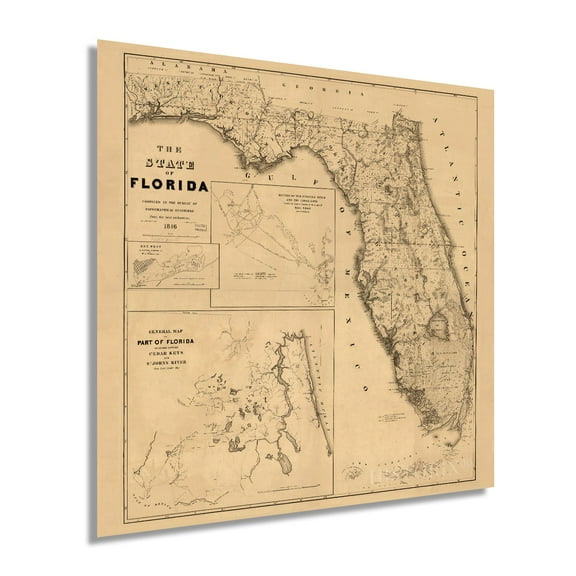 1846 Florida Map Poster - Vintage Map Wall Art - Florida State Wall Map - Florida Keys Map - Cedar Key Florida - Vintage Florida Poster - Vintage Florida Map