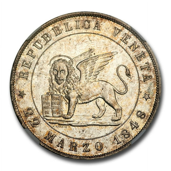 1848-V Italy Venice AR 5 Lire Winged Lion MS-65 NGC
