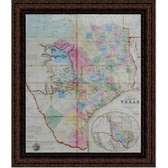 1849 Map of Texas | Framed Historic Texas Map | 19L X 18W" Inches