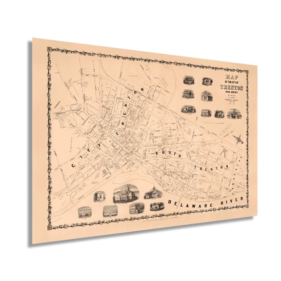 1849 Trenton New Jersey Map - Vintage Trenton New Jersey Wall Art - Trenton NJ Poster - Old Trenton New Jersey Map Showing Illustrations of Local Structures