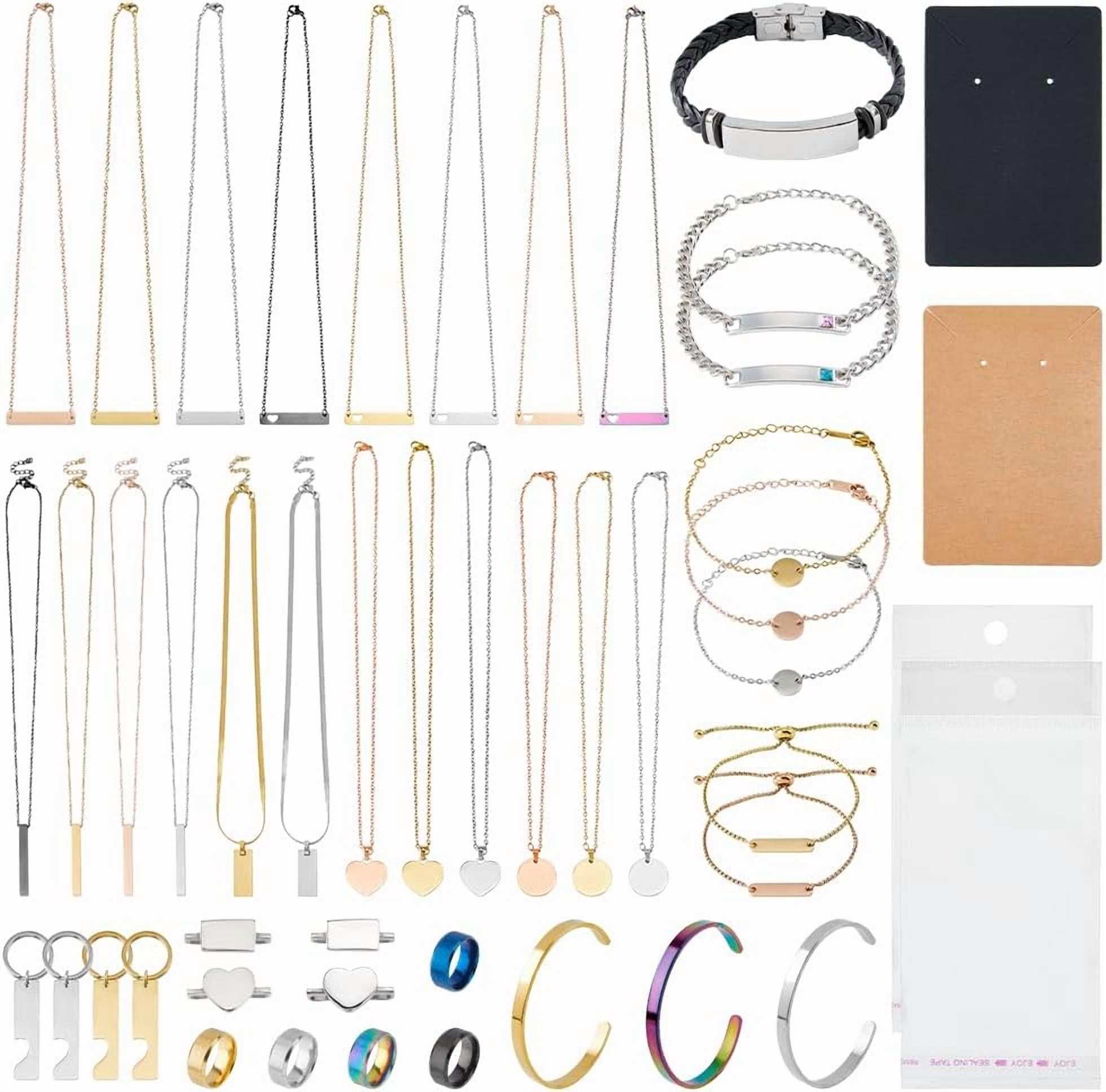 184Pcs Jewelry Making Engraving Accessories 304 Stainless Steel Laser Engraving Materials Engraved Motivational Charms Including Blank Necklaces Bracelets Keychains Rings for DIY