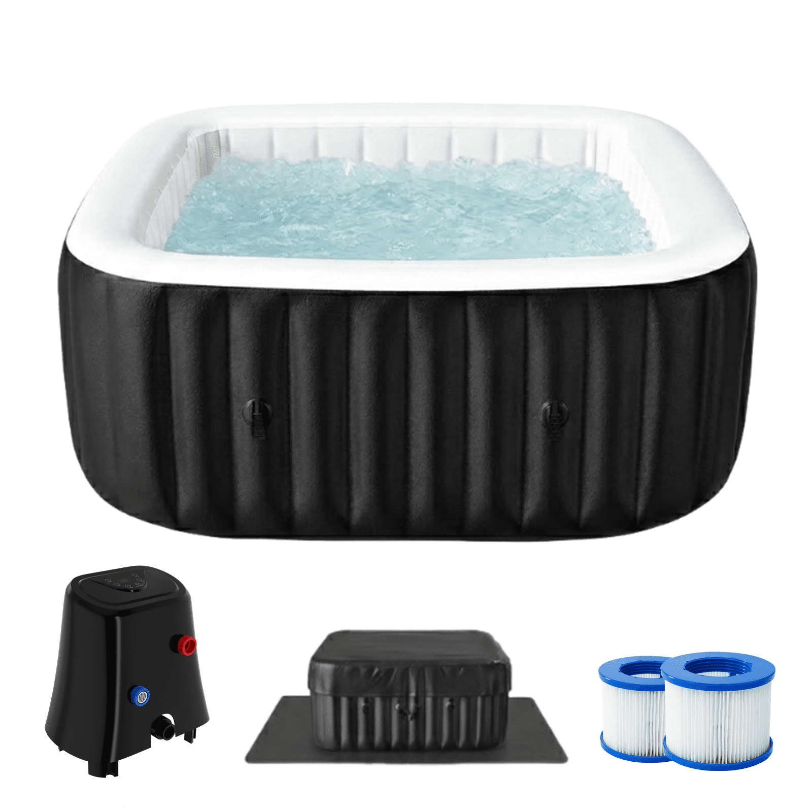 185 Gallon Inflatable Hot Tub 4 Person Square with Control Panel, Portable Outdoor AirJet Hot Tub Spa with 110 Bubble Jets, Filter, Insulated Tub Cover and Floor Protector, Temperature up to 104°F