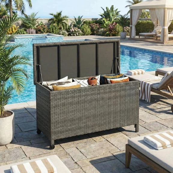 185 Gallon Wicker Deck Box, All-Weather Outdoor Storage Bin with Rattan Finish, Large Capacity for Patio Furniture, Cushions, Pool Supplies & Garden Tools