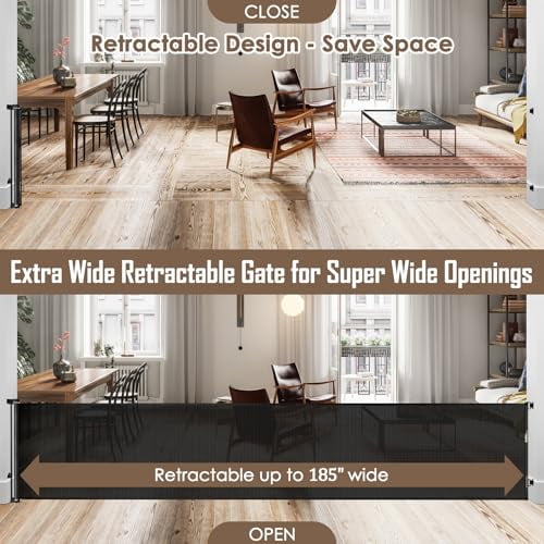 185 Inch Extra Long Baby Gates for Large Openings, Retractable Baby Gates Extra Wide Retractable Dog Gate Outdoor Retractable Gate Indoor Extra Large Dog Gate, Mesh Gates for Kids Or Pets, Black