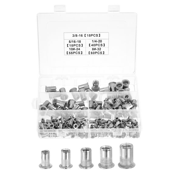 185 Pack Rivet Nuts, #8-32, #10-24, 1/4-20, 5/16-18, 3/8-16 Stainless Steel Nuts