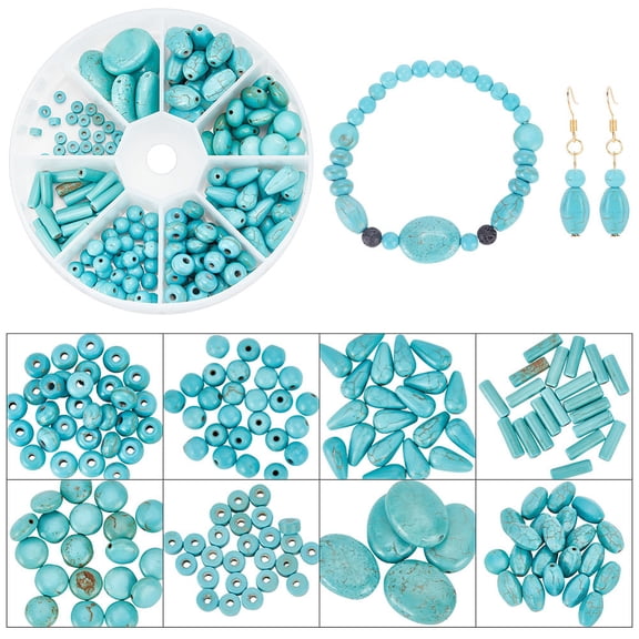 185 Pcs Synthetic Turquoise Stone Beads 8 Styles Blue Howlite Gemstone Beads Oval Column Round Loose Beads Slice Beads Spacer Beads for DIY Jewelry Making Craft