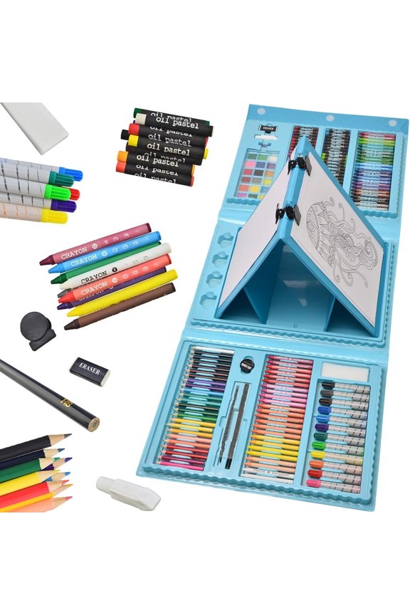 185-Piece Double Sided Easel Art Set - Complete Drawing Kit with Oil Pastels, Crayons, Colored Pencils, Markers & Sketch Pad