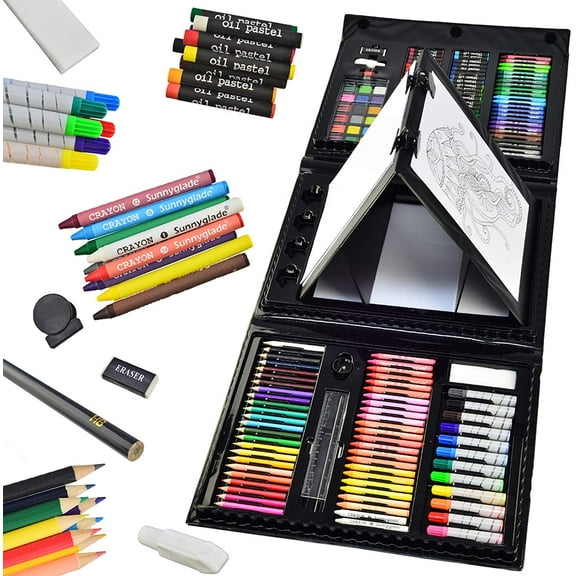 185 Pieces Double Sided Trifold Easel Art Set, Drawing Art Box with Oil Pastels, Crayons, Colored Pencils, Markers, Paint Brush, Watercolor Cakes, Sketch Pad