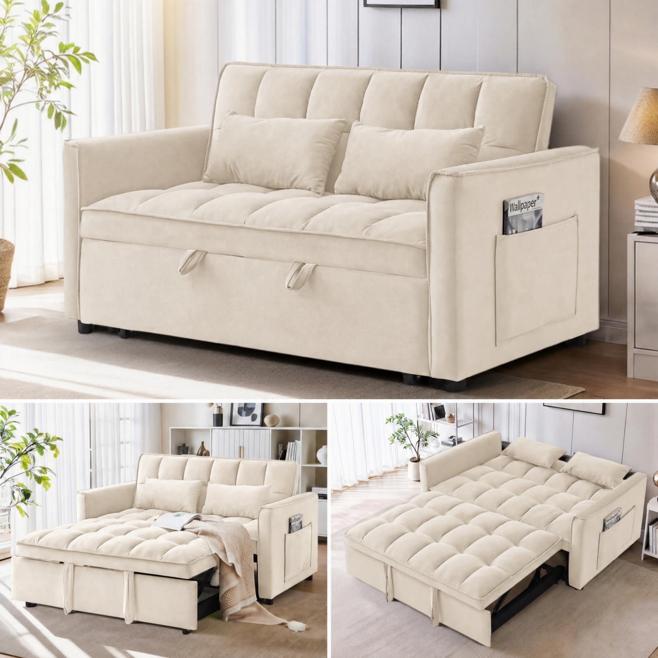 Anpport 3-in-1 Convertible Sleeper Sofa Bed, Pull-Out Loveseat Couch with Adjustable Back, Velvet Fabric, 55", Beige